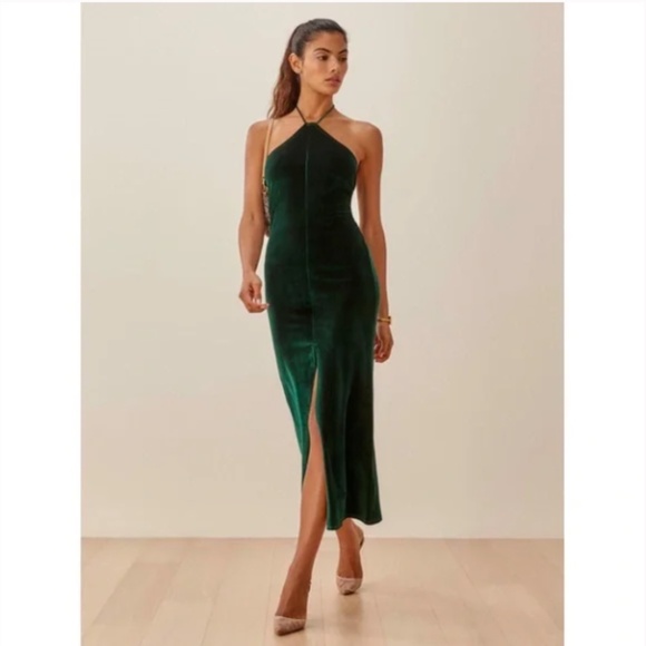 Reformation Nyla Velvet Dress Green XS - Picture 3 of 11